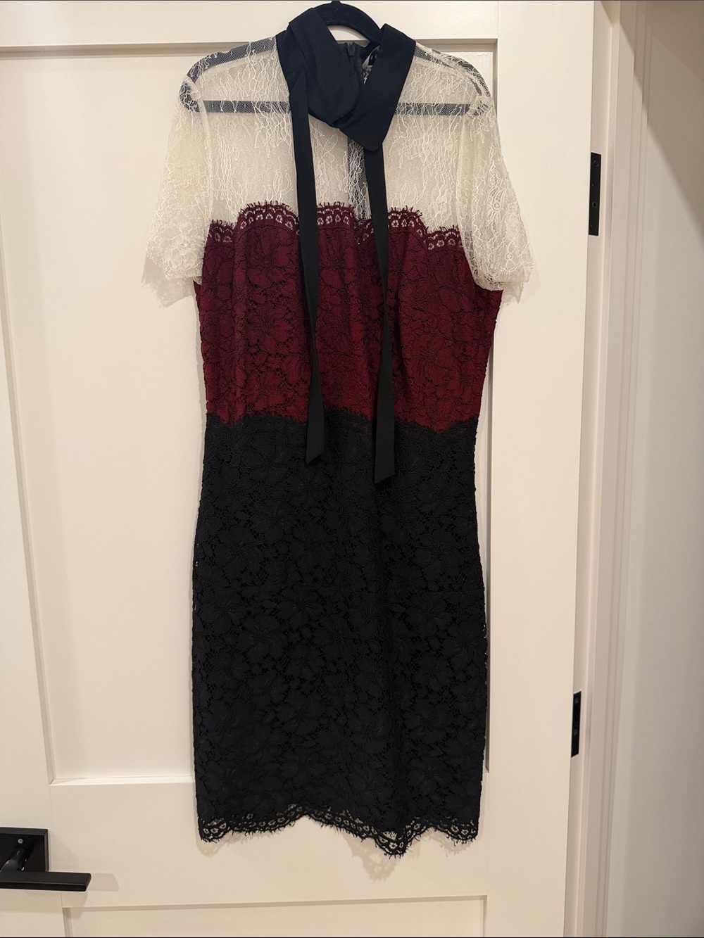 Sandro Burgundy, Black & White Lace Midi Dress with Neck Tie